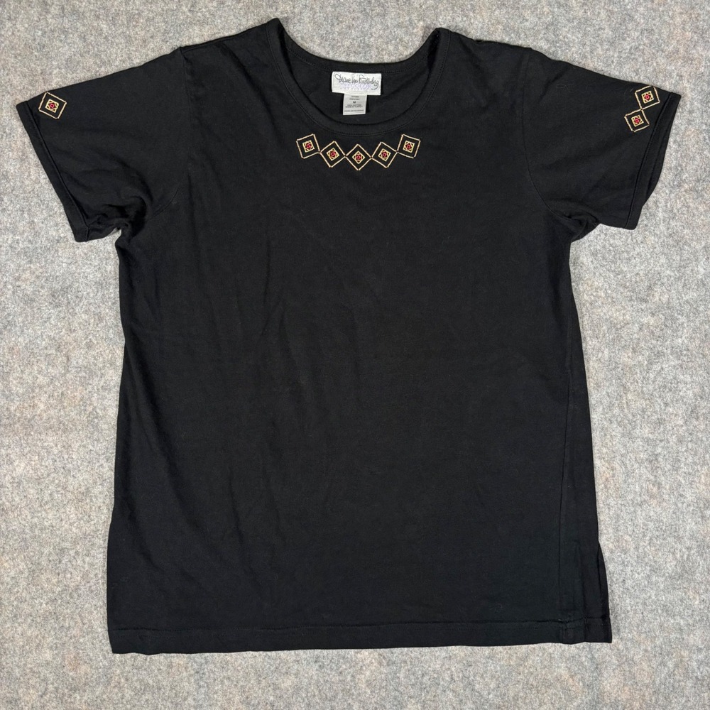 Diane Von Furstenberg Embroidered T-Shirt Womens M Black Cotton Short Sleeve VTG